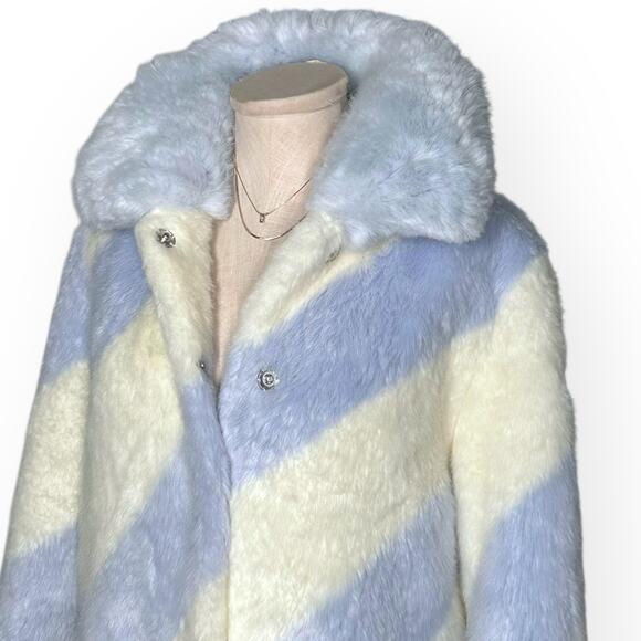 ANTHROPOLOGIE Stripe Faux Fur Coat Jacket Whimsical Gorpcore Glam Blue Ivory - Picture 6 of 15